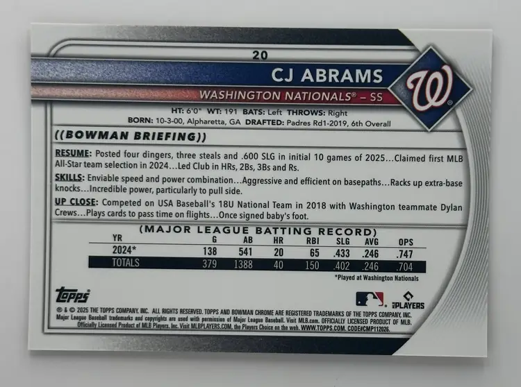CJ Abrams Bowman Chrome Gold Refractor Nationals #21/50
