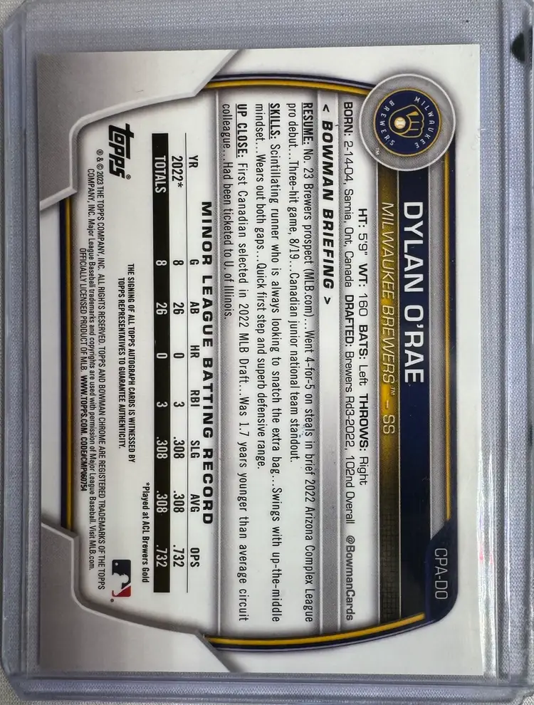 2023 Bowman Chrome Dylan O’Rae 1st Auto Milwaulkee Brewers