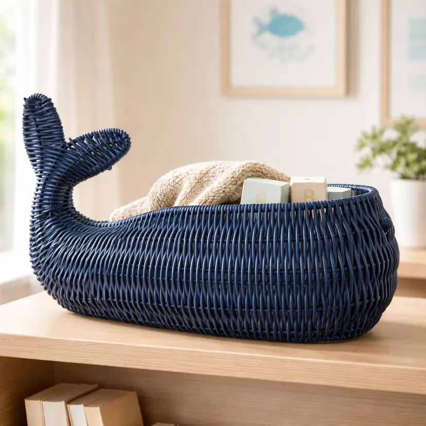 Ciroa Blue Wicker Whale Serving Bowl, 16" x 8"