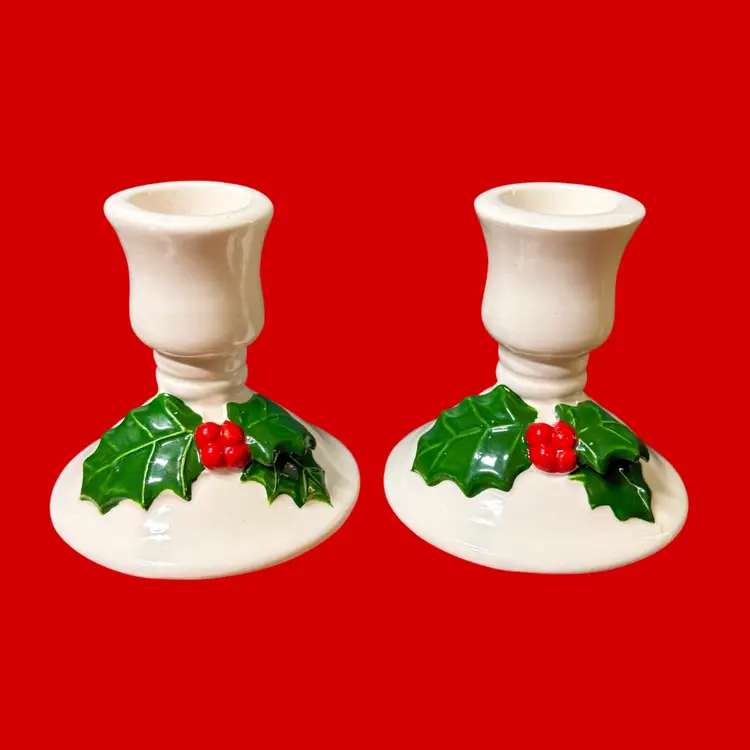 2 PC LILLIAN VERNON Festive Earthenware Candleholder w/ BOX Christmas Holiday