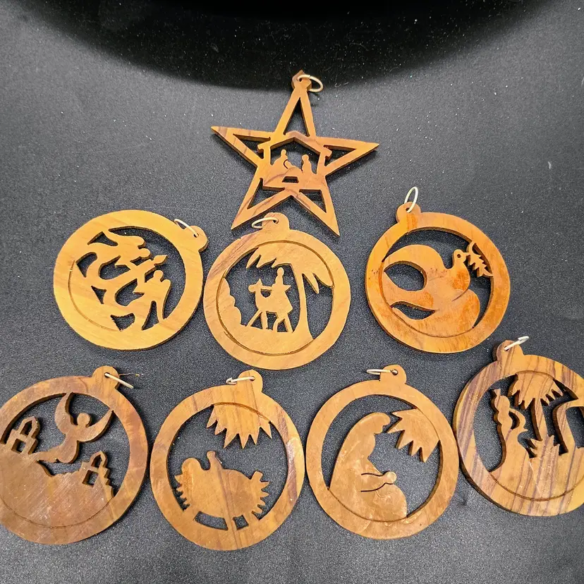 Set of 8 Olivewood Carved Disk Nativity Scene Ornaments 2.25" Diameter Made in Israel