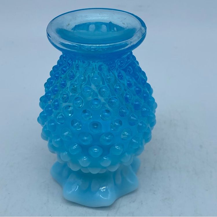 #0226 Fenton blue opalescent hobnail glass vase with a ruffled rim 4” x 2.5”