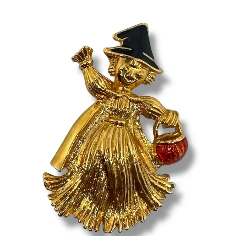 Vintage Avon Halloween Scarecrow Witch Brooch Enamel Pumpkin 90s New In Box CUTE