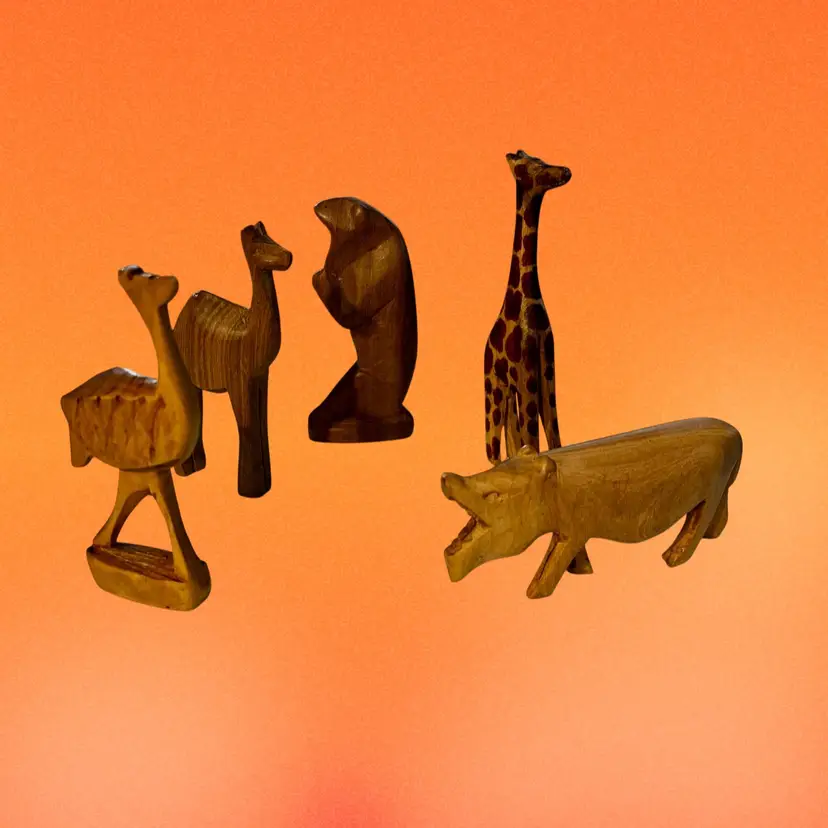 5 Handcarved Exotic Wood Miniature Animals Africa Safari - Made In Kenya