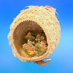 Vintage Easter/ Egg Diorama Made With String And Paper, Bunnies And Ducks