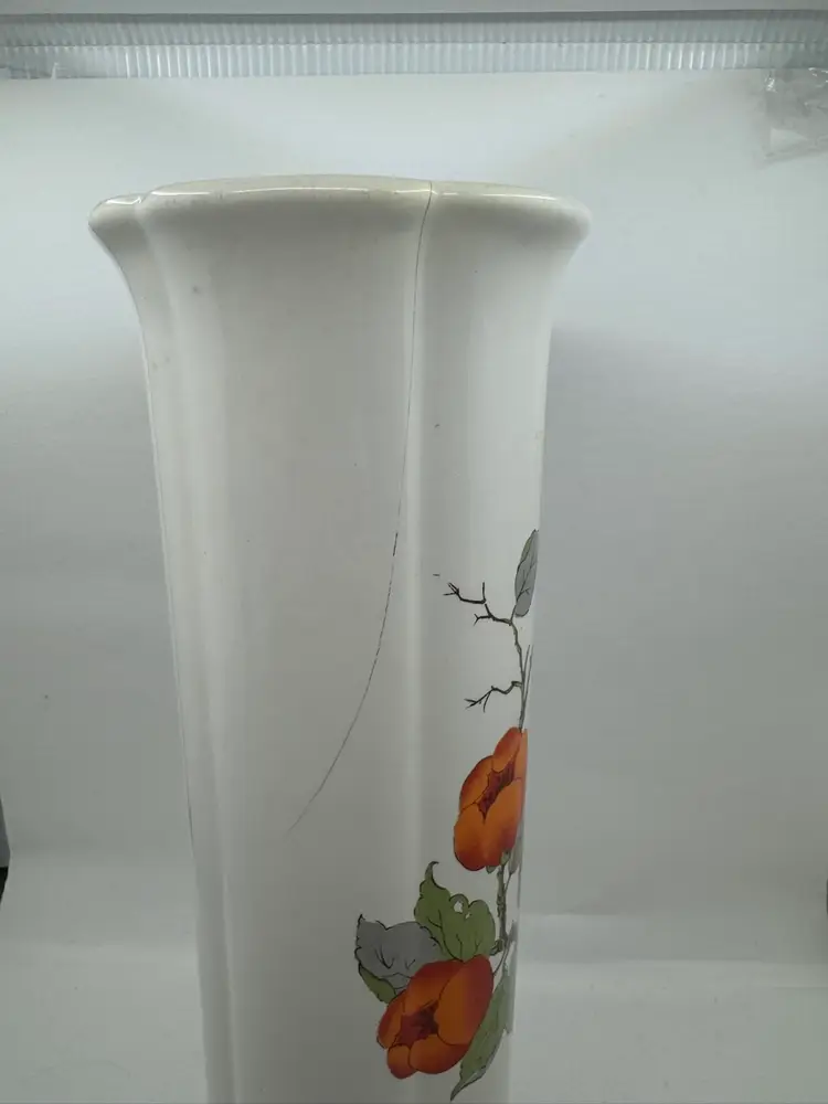 Royal Haegar vase with hand-painted orange flowers and leaves. As Is- 2 Cracks- See Pics, 11.5” Tall