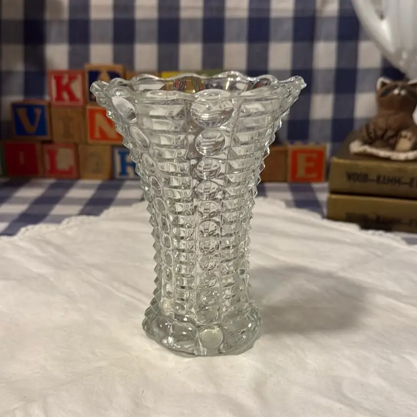 1930s Indiana Glass Hobnail Mayflower Pattern Clear Vase