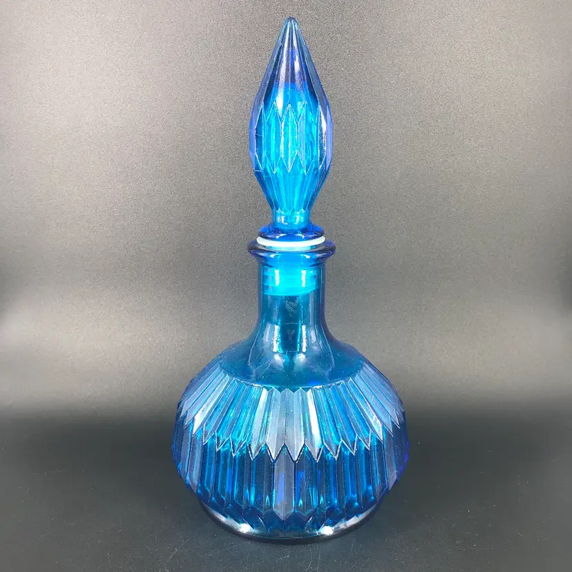 Vintage Mid-Century Modern Blue Glass Genie Bottle with Stopper