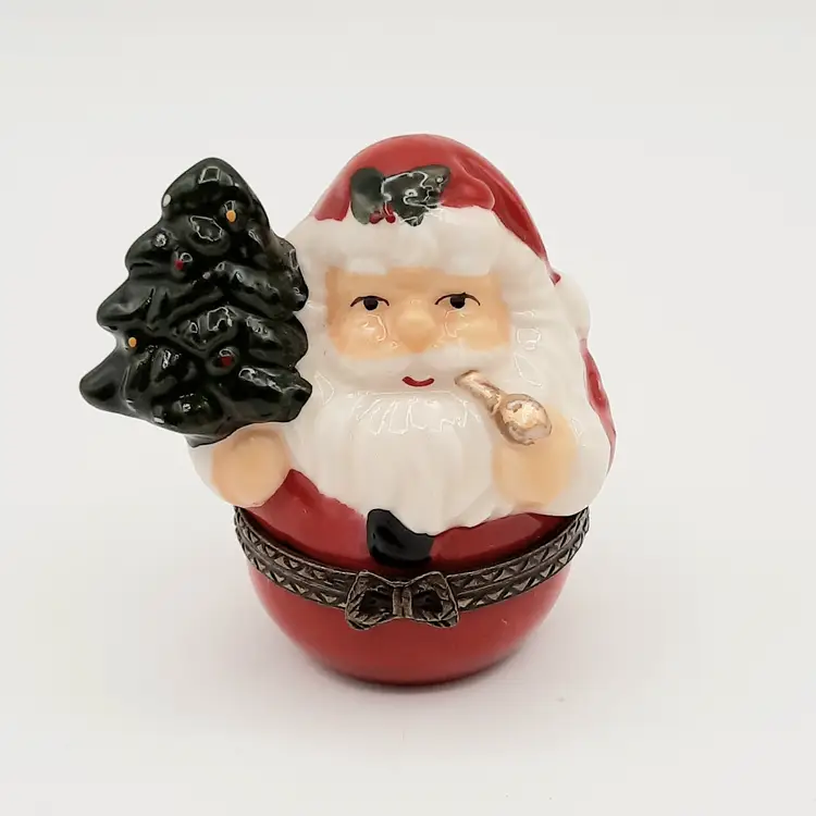 Vintage Hinged Christmas Santa with Tree Trinket Box