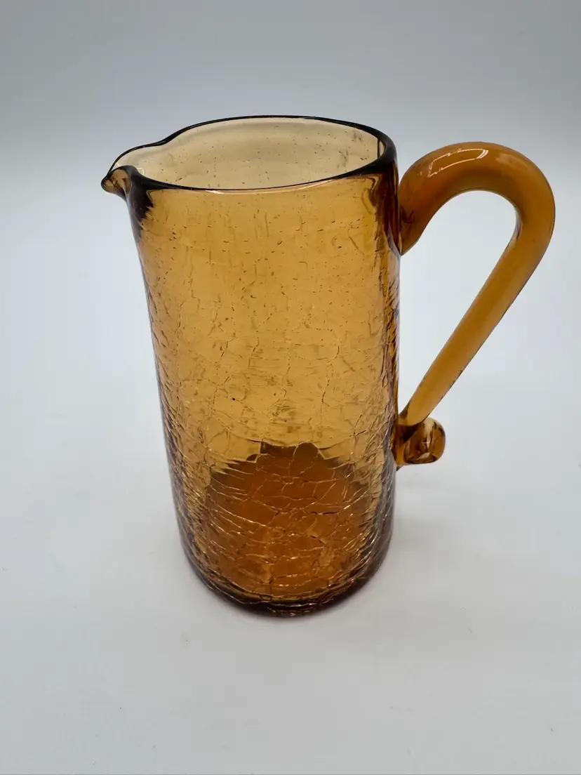 #02. Vintage Root Beer Hand Blown Crackle Art Glass Small Pitcher Damaged SB $1.00