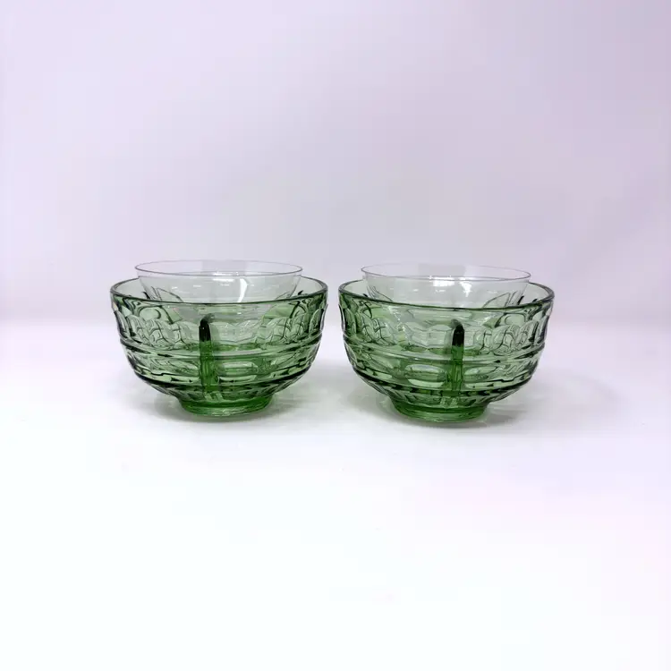 Fostoria Hermitage Uranium Ice Bowls with Inserts – Art Deco Green Glass – Set of 2, 1930s (0319-25)