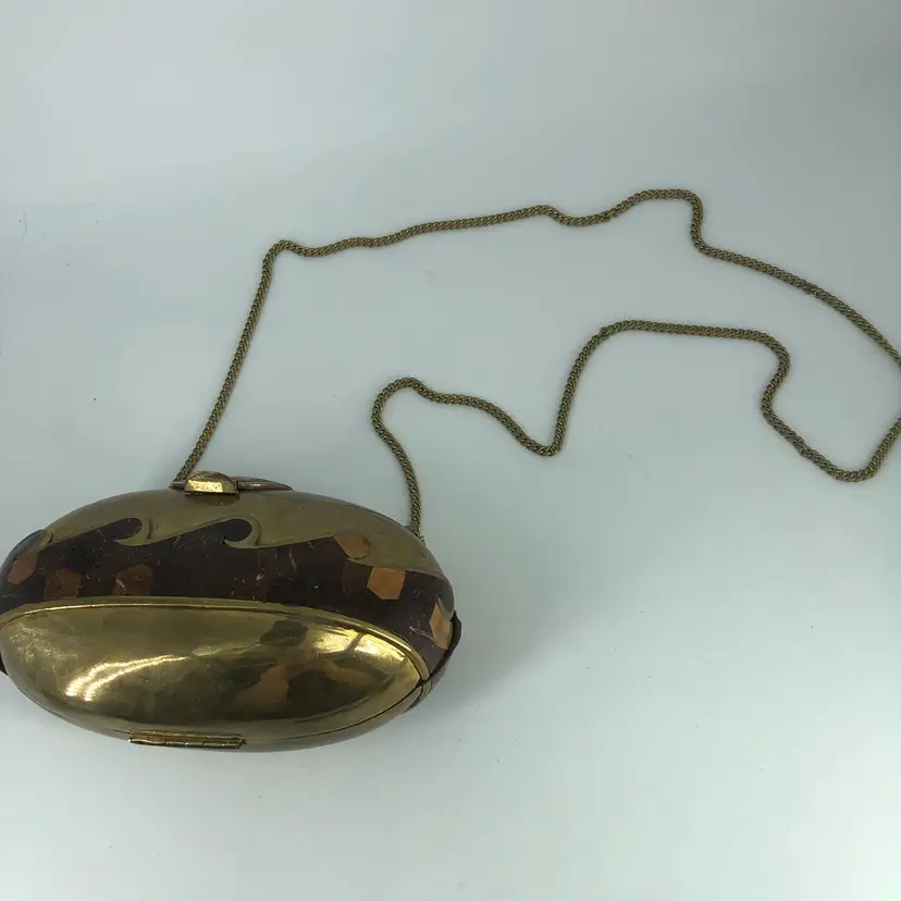 Vintage 60s Metal Brass Small Coconut Shell Ocean Wave Purse Clutch