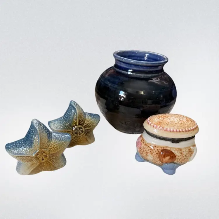 Sealife Vignette Salt Pepper Shaker Trinket Box Artisan Pottery Vase