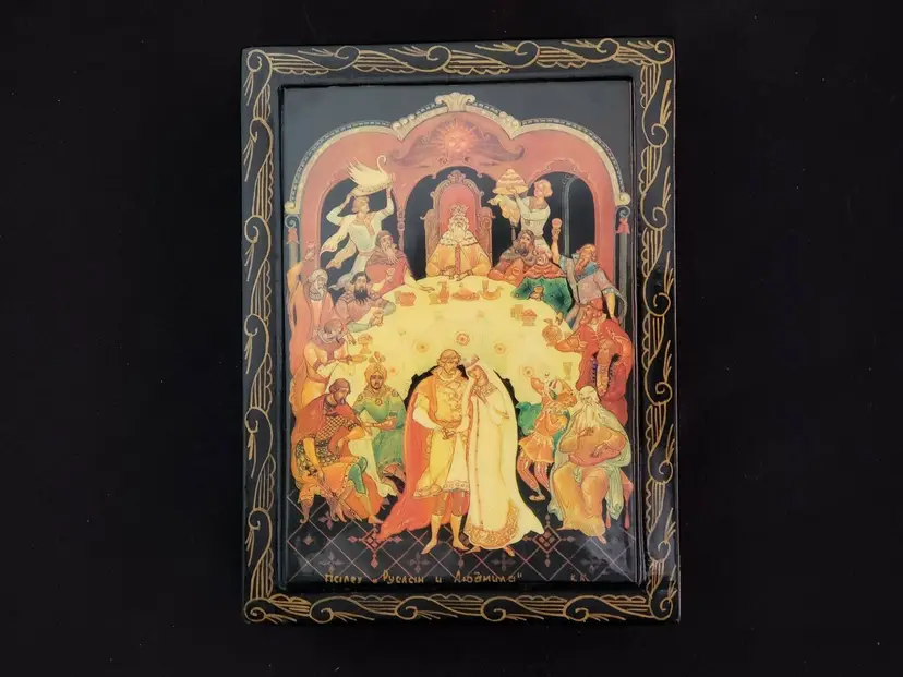 Russian Wood Box Wedding Celebration Black Lacquer Trinket Hand Painted Signed