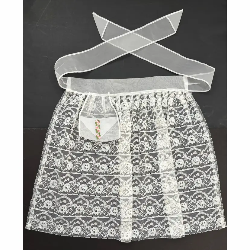 Lace Hostess Half Apron Embroidered Pink Flowers Pocket French Maid White Vintage