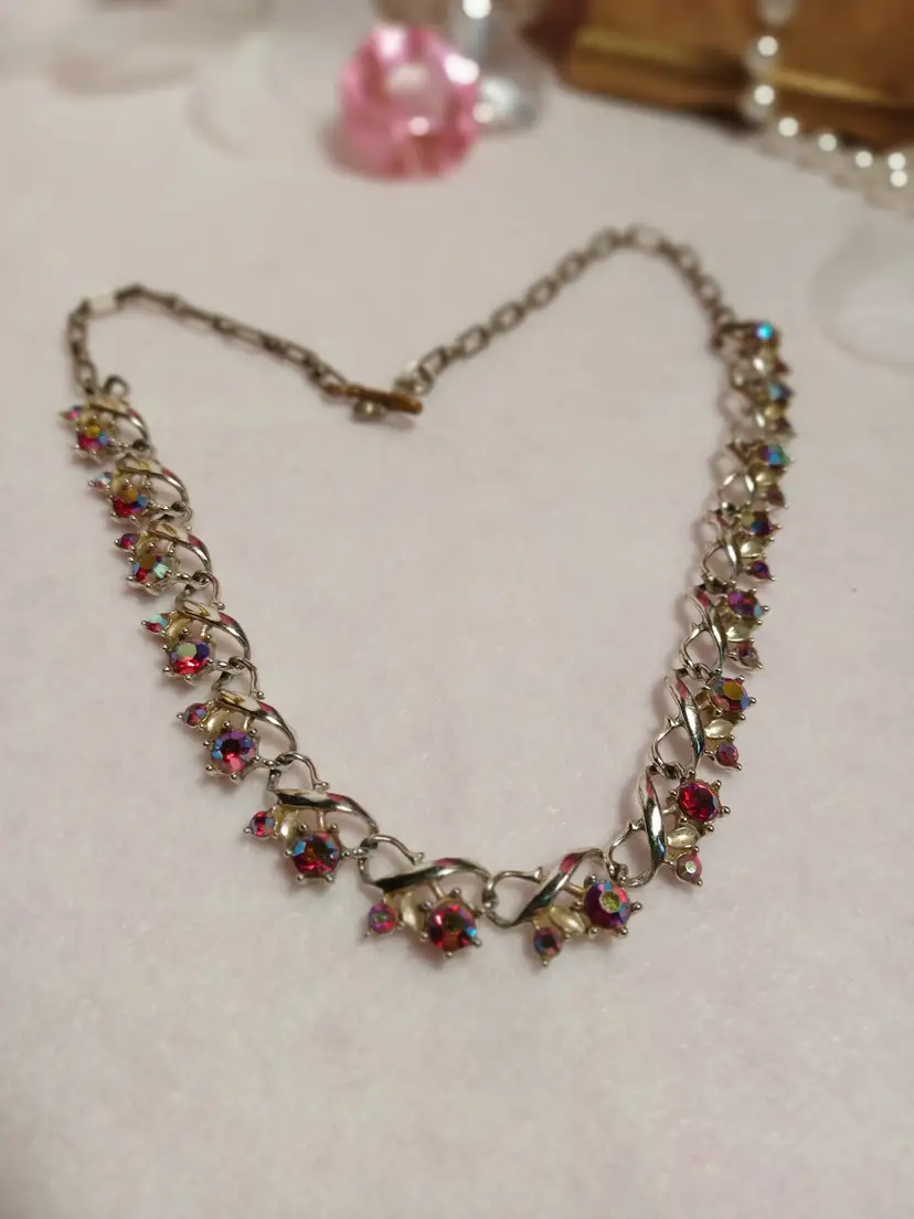 Vintage Marked “Star” Ruby Pink AB Crystal Necklace