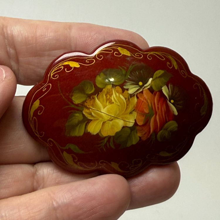 Vintage Russian Lacquer Wood Brooch Folk Art Miniature Signed Red Floral