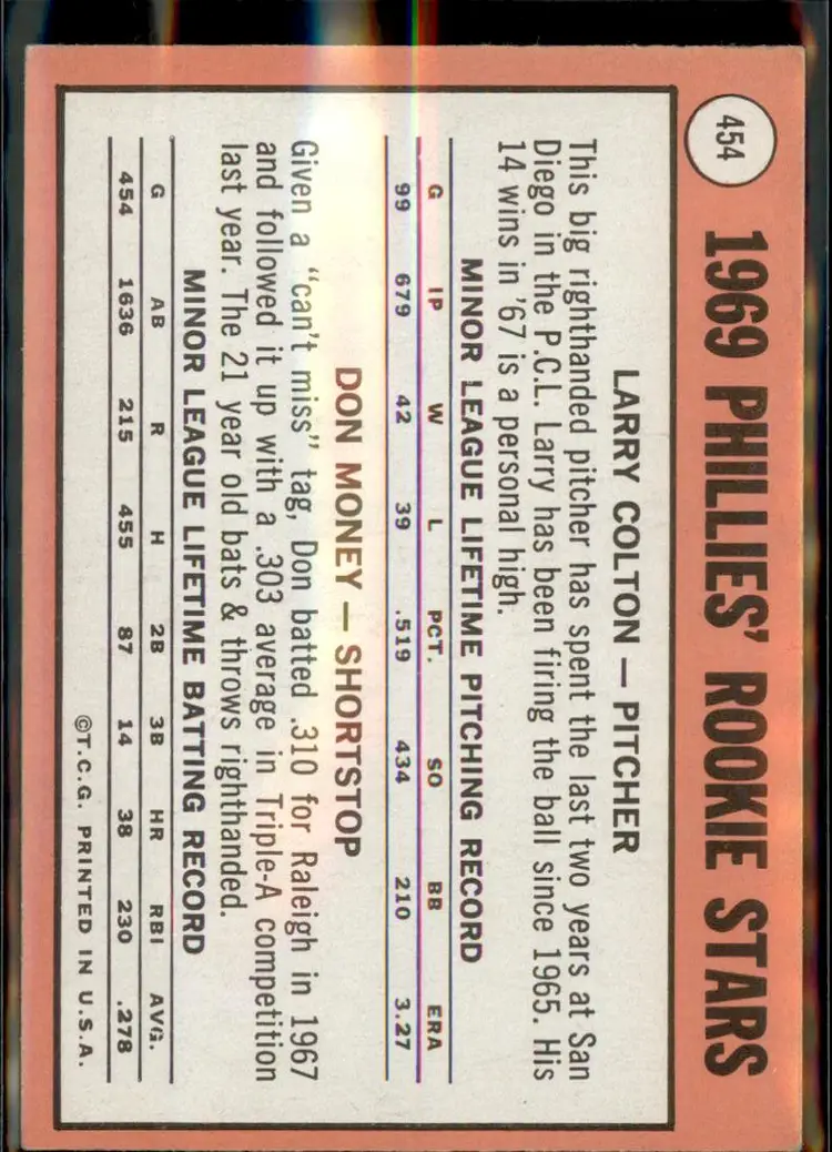 1969 Topps #454b Phillies 1969 Rookie Stars (Colton / Money) RC, VAR - ( pk3 ) - Philadelphia Phillies