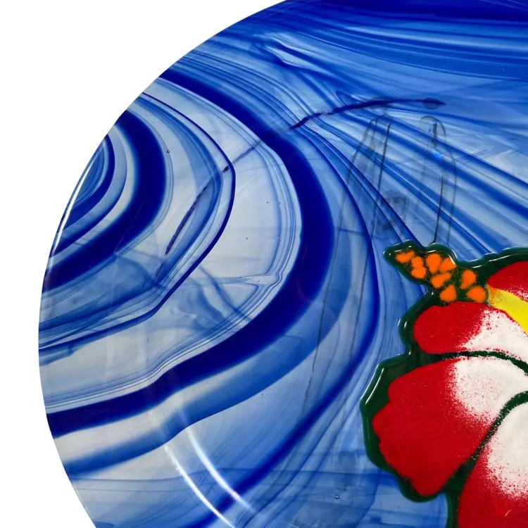 Jan Mitchell Fused Glass Plate, Signed Jan Mitchell Blue Swirl And Hibiscus Glass Plate, Handmade Art Glass Plate, Jan Mitchell Tropical Glass Plate