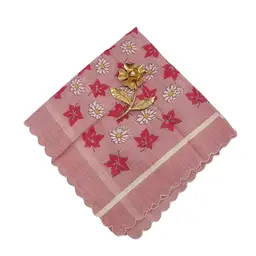 VTG Gold-Tone Flower Brooch Faux Pearl Center Pink Floral Scalloped Handkerchief