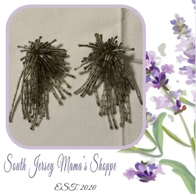 Vintage Handmade Silver Tone Beaded Burst Dangle Design Clip Earrings