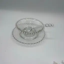 05-Vintage Imperial Candlewick Clear Glass Condiment Set Bowl With Plate & Spoon
