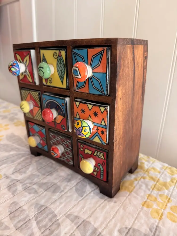 Colorful Ceramic Drawers, Wood Cabinet