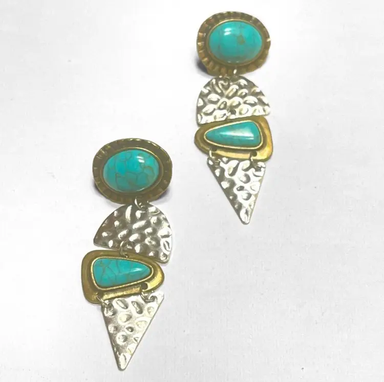 Hammered Earrings Faux Turquoise Silver And Goldtone
