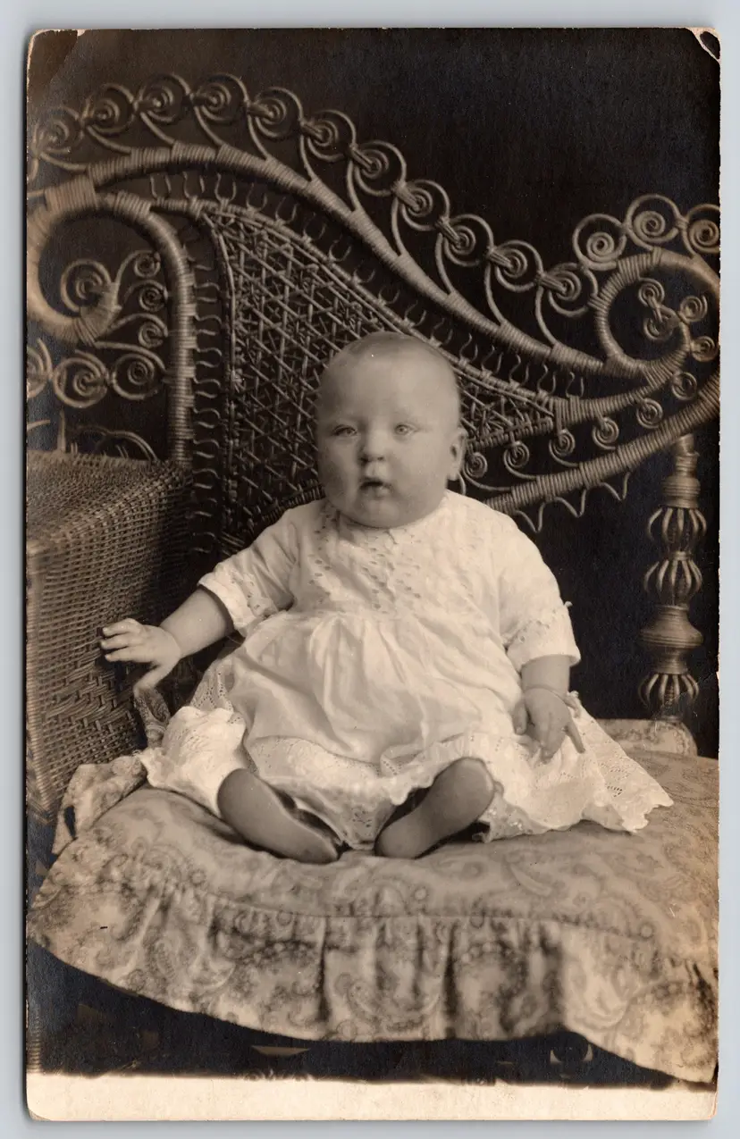 Postcard RPPC Chubby Baby in White Dress Seated on Chair Real Photo - 9089