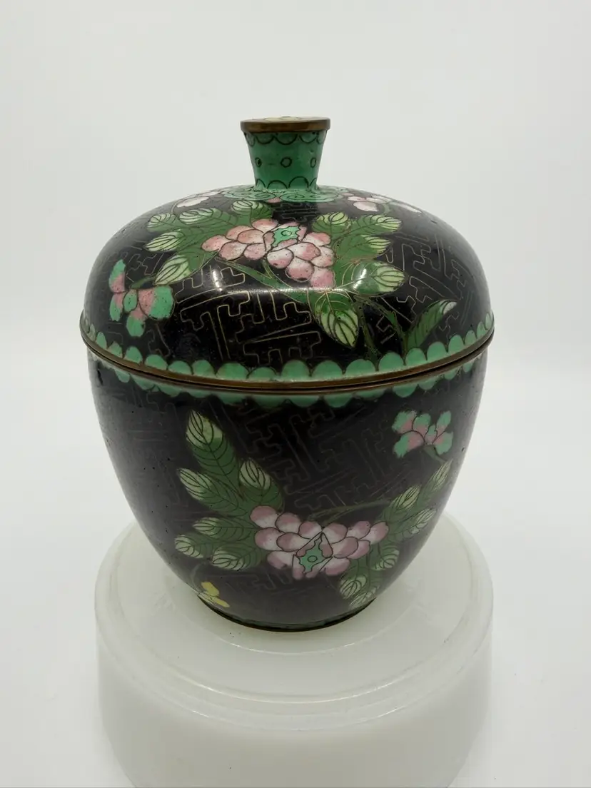 Vintage Chinese Black Enamel Floral Cloisonne Ginger Jar With Lid 5.25”