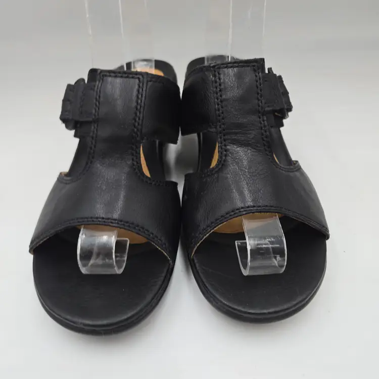 Clarks Unstructured Womens sz 8 M Black Leather Slip On Wedge Slides Sandals