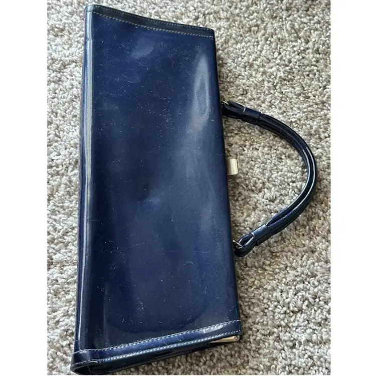 Vintage 1960s MOD Handbag ROYAL BLUE Long Purse Patent Vinyl Gold Hardware