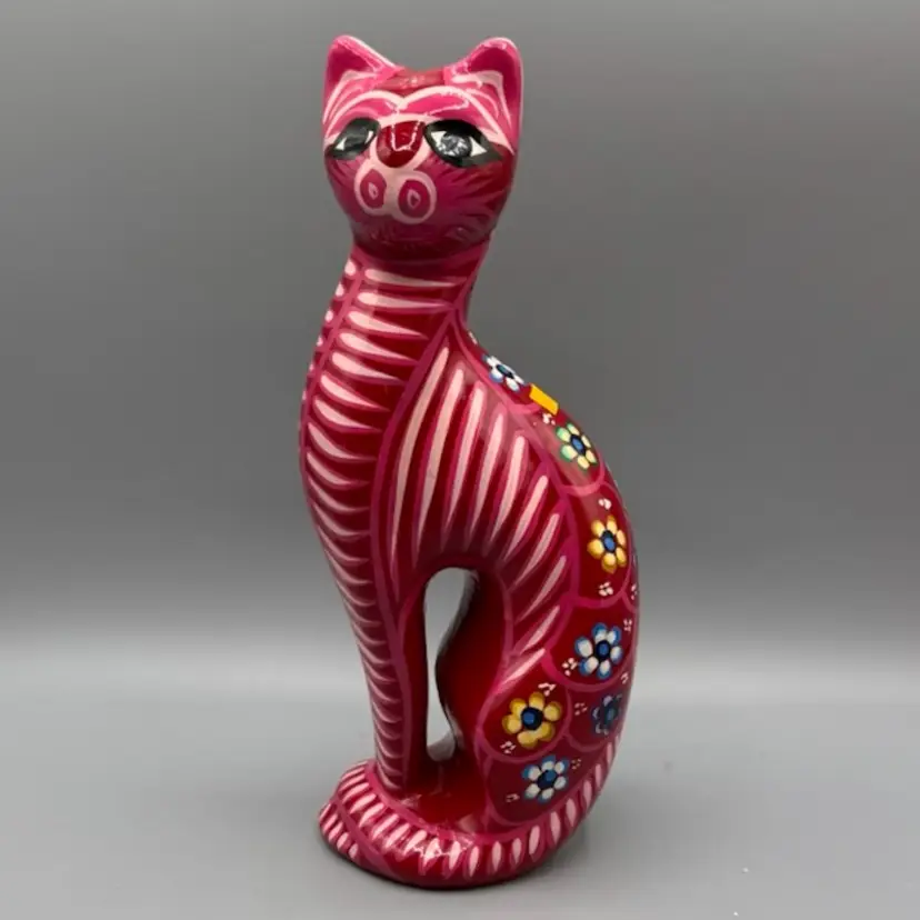 Vintage Handpainted Mexican Terra Cotta Skinny Cat Piggy Bank. Vibrant and Regal 11"
