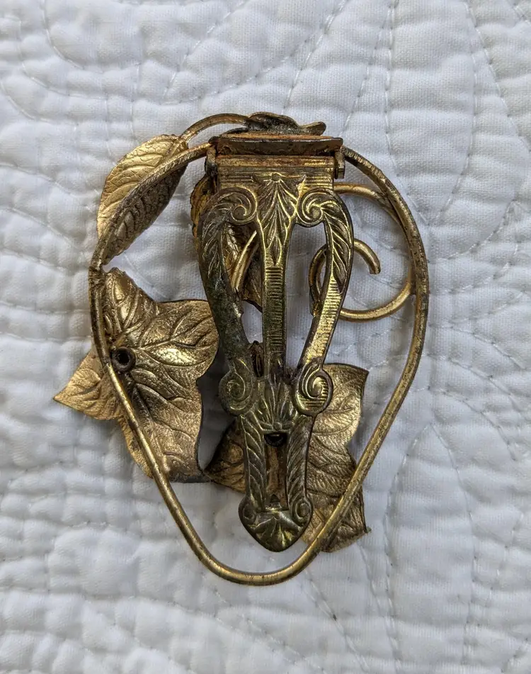 Vintage Floral Dress Clip in Antique Brass Tone with Pink Rhinestones