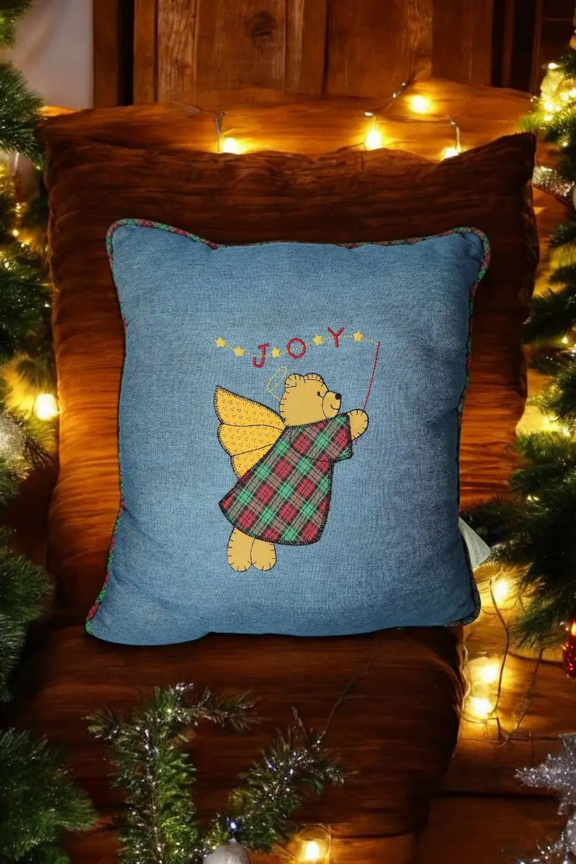 Barth & Dreyfus Chambray Denim Angel Bear Throw Pillow Vtg 14 x 14 Applique Joy