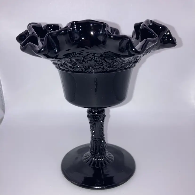 Vintage Fenton Black Amethyst Pedestal Glass Compote! 5 1/2” Tall 5 1/2” Wide!