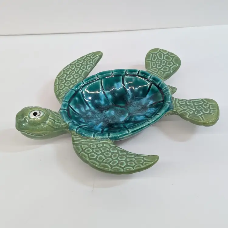 Vintage Ben Diller Maui Hawaii Aqua Sea Turtle Pottery Trinket Soap Dish 05/600