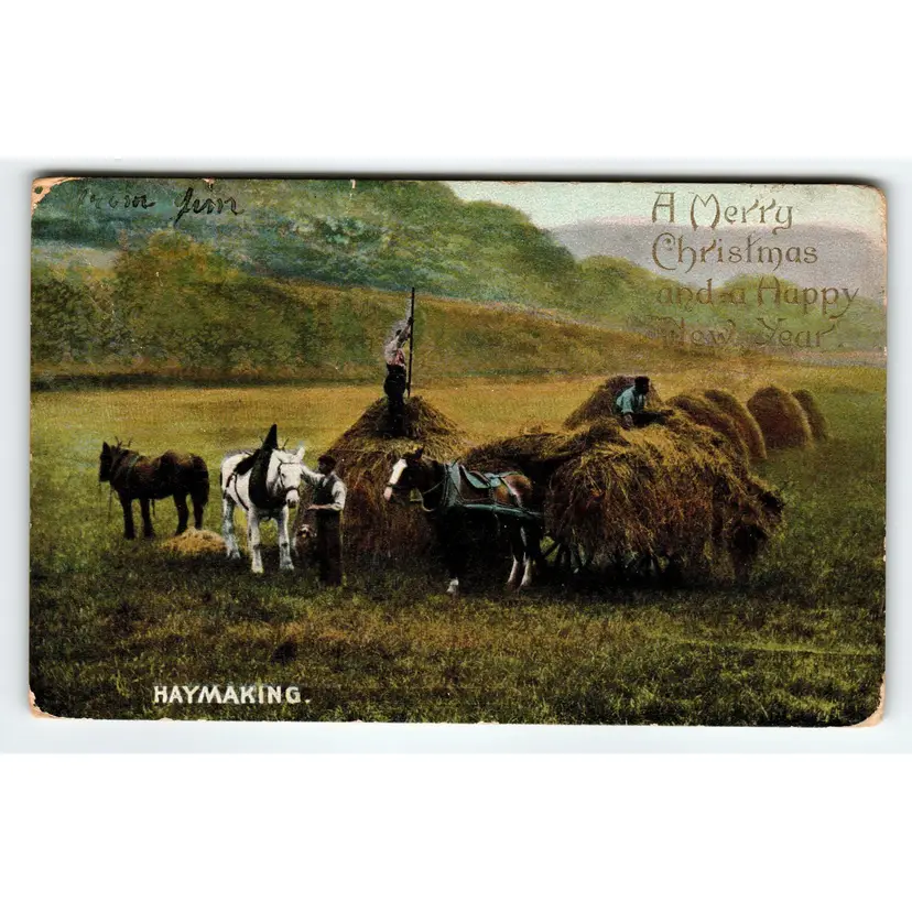 Christmas Postcard Horses Rustic Country Haymaking Wildt & Kray Germany Antique