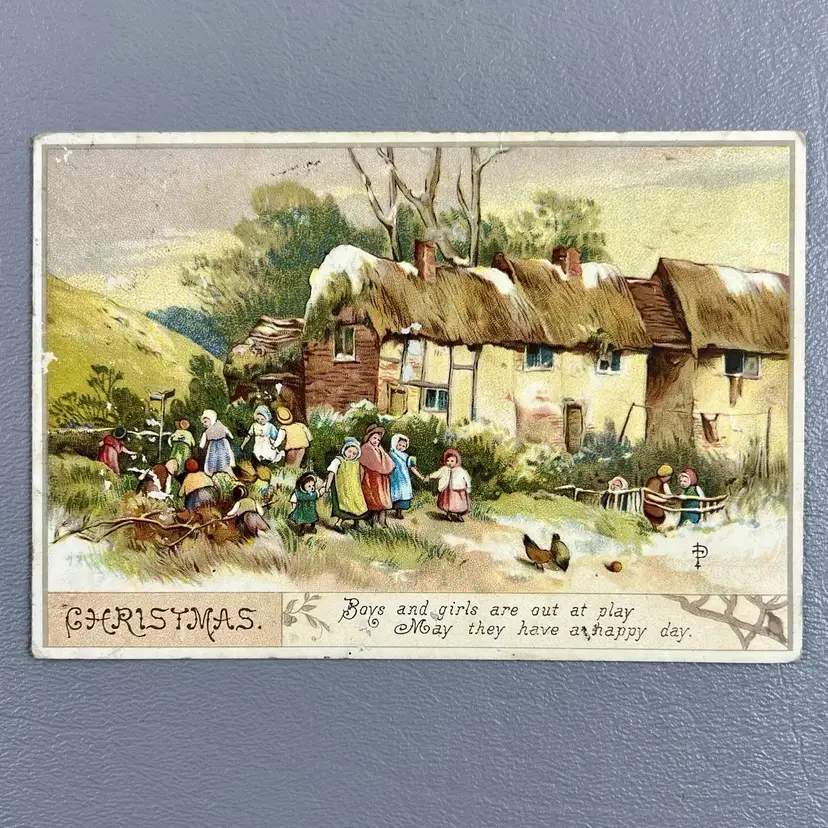 Antique Greeting Card Christmas  Countryside Cottage Children Playing Happy Day