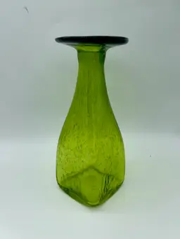 #01 - Vintage Margie's Garden 8" green bubbly hand-blown glass vase.