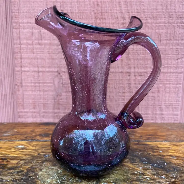 5.25” Tall Amethyst Crackle Glass Vase / Pitcher With Handle. Glows Green Under UV Light.
