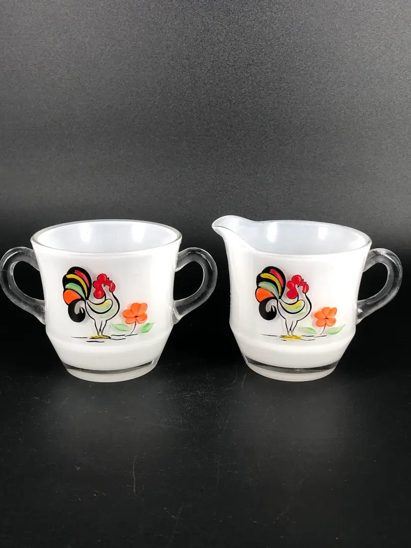 Vintage Bartlett Collins Proud Rooster Glass Creamer and Sugar