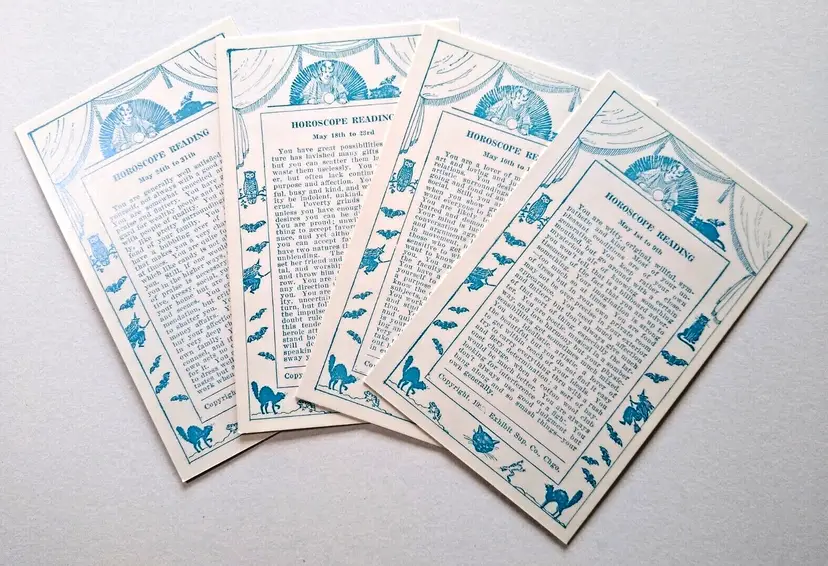 4 Exhibit Horoscope Readings Fortune Teller Cards Bats Cats Witches May Vintage