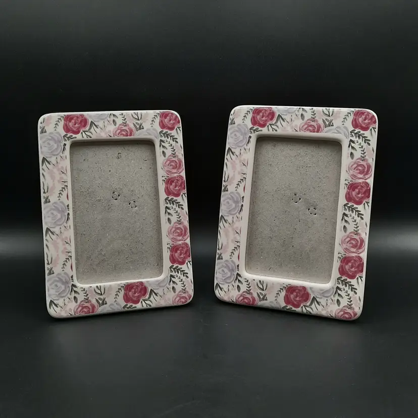 Floral Photo Frames Pink Purple Flowers Ceramic 3X5 Set of 2