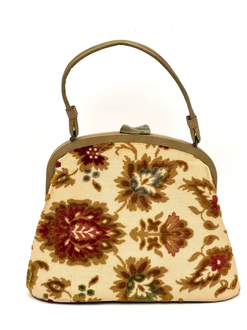 Handbag Vintage Carpet Tapestry Purse Floral Design Leather Strap 12”W x 10”H (w/o Strap)
