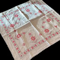 #01 Vintage Red And Grey Snowflake Hand Embroidered Tablecloth