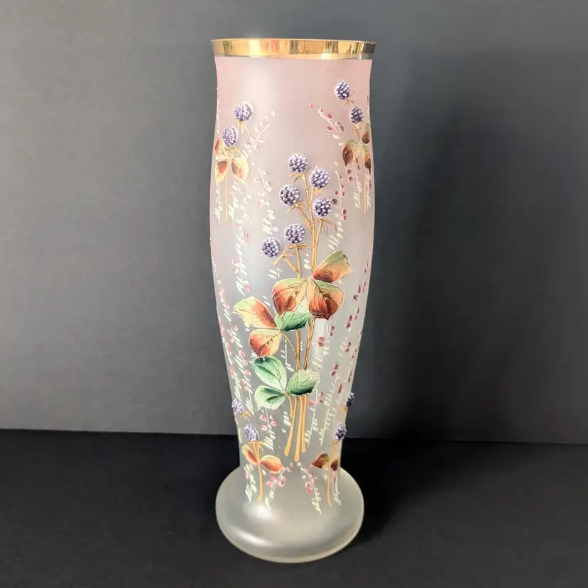 Antique Hand Painted Pink Frosted Glass Vase With Raised Design Mont Joye Style