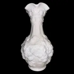 Vintage Imperial Glass Loganberry Embossed White Milk Glass Vase Ruffled Top 10 1/4” Tall X 5” Diam