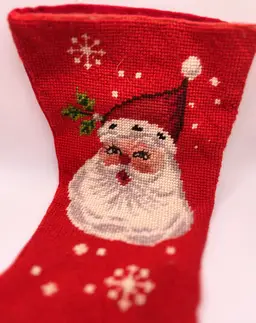 Vintage Needlepoint Santa Stocking With Red Velvet Back
