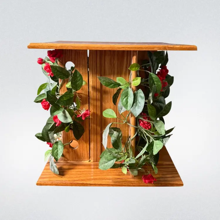 Vintage Groovy Wood Pedestal Plant Stand w/ Faux Flowers Signed FRANK HASENOHRL